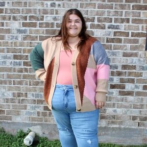 Haptics Colorblock Tan Woven Knit Button Front Sweater Cardigan